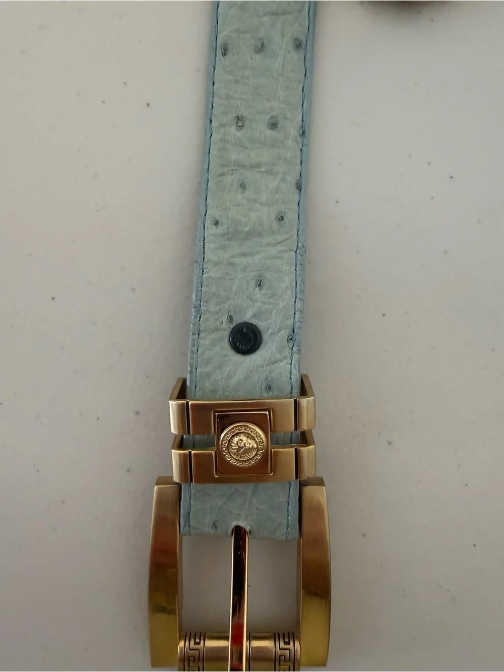 El General Belt Company Blue Genuine Ostrich Leather Gold Medusa Hardware Belt